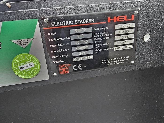 HELI CDD 16 | ELECTRIC | 1600 KG.| HEIGHT 4.50 MTR |4 PIECES. 2020 afbeelding 19