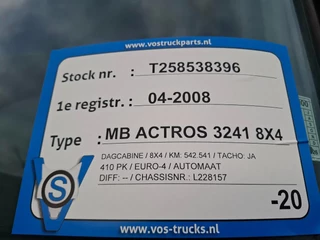 Mercedes-Benz Actros 2008 - 3241 / 8X4 / HIAB 144B-2 / REMOTE / ROTATOR / 20TON HOOK / 2XBIG AXLE / FULL-STEEL / DRUM BRAKES / EURO-4 / 2008 afbeelding 38